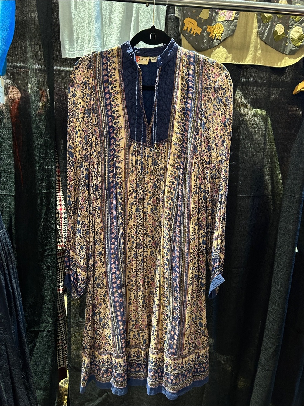 Block print Indian gauze cotton Dress - Navy & cream